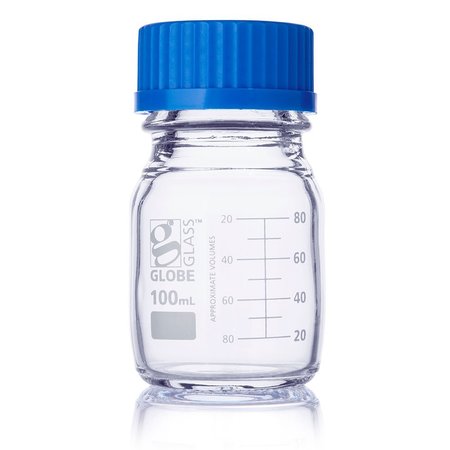 GLOBE SCIENTIFIC Bottle, Media, Globe Glass, 100mL, GL45 Screw Cap, Dual Graduations, 10/Box 8100100